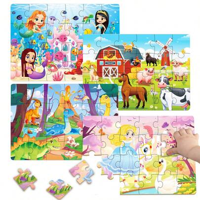 4-In-1 Educational Jigsaw Puzzles For Kids 3-6 Years Old - Dinosaur, Farm, Princess, And Transportation Themes. Each Set Includes 1 Puzzle (24 Pieces) And 1 Instruction Manual, Designed To Stimulate Children's Curiosity And Focus With Simple Scene Illustrations.