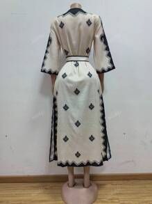Women Geo Print V-Neck Long Sleeve Tie-Waist Dress