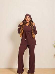 Monochromatic Ribbed Fabric Set Of Ballerina Flare Pants And Hooded Gown With Lanzinha Print Hat Airport LookREF: B268 - 鏽棕色 - 查看 4