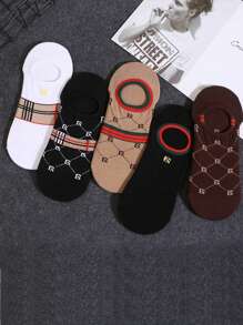 5 Pairs Women's Letter & Stripe Pattern French Luxury Vintage Style Versatile Invisible Liner Socks