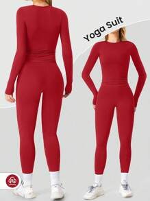 YEIFIN WinterTwo-Piece Set Women's Solid Long Sleeve Tee & Leggings Tracksuit Set, Sporty Round Neck Top & Skinny Pants For Yoga Gym Workout, Spring/Summer Women's Sportswear