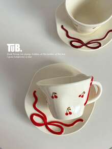 1 Bộ tách cà phê và đĩa lót hình nơ nổi, Bộ tách và đĩa lót hình trái tim tráng men, Đĩa tráng miệng hình nơ, Cốc cà phê/cốc bất đối xứng được kẹp bằng tay, Bộ tách và đĩa lót trà chiều gia dụng - Nhiều màu - Xem 2