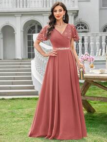 MIUSOL Abito da sera lungo con scollo a V, maniche a volant, orlo plissettato, decorato con fiori e paillettes a contrasto, adatto per invitati di matrimonio, estate, damigelle, cerimonie di laurea, gala ed altre occasioni - Rosa antico - Visualizzare 6