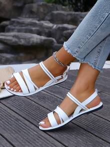 优雅踝带凉鞋时尚女士夏季交叉带平底凉鞋 - 双可调节扣设计沙滩鞋，系带，露趾，橡胶鞋底，时尚百搭鞋，适合女士户外工作和度假休闲装，黑色/白色/棕色凉鞋 - 白色 - 查看 4