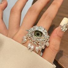 1pc Vintage Copper/Gold Tone Devil's Eye & Faux Pearl Adjustable Ring, Women Jewelry Gift