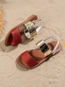 一双时尚儿童夏季凉鞋，新款儿童闪亮凉鞋，沙滩凉鞋，亮片水钻凉鞋，波西米亚复古风凉鞋，魔术贴耐用凉鞋 - 玫瑰紅 - 查看 3