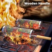 Stainless Steel BBQ Cages With Handles, Portable Rolling Outdoor Barbecue Basket, For Vegetables, French Fries, Fish, Shrimp, Ham Sausage, Outdoor BBQ Essentials