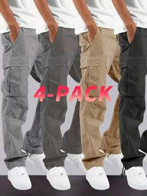4 Pcs Men's Relaxed Fit Stretch Drawstring Waistband Multi-Pocket Workout Pants - Athletic Pants Traning Track Pants Joggers For Men Soccer, Running, Workout, Machine Washable (For Youth & Adults)