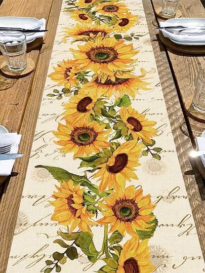 1 pieza Camino de mesa con girasoles de otoño - Decoración vintage de granja con flores, cubierta de mesa rectangular de línea de máquina para interiores/exteriores, cocina, comedor, suministros para fiestas de primavera y verano, fondo de guión, tela resistente, tela para interiores y exteriores (13x35.4/47.2/63/72/78.7 pulgadas)