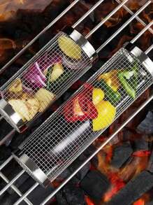 2 Pieces BBQ Grill Set, Stainless Steel BBQ Grill Set, Portable Outdoor BBQ Basket, Portable Round Stainless Steel Campfire Grill, Multi-Purpose Camping Grill Accessory, Outdoor BBQ Basket