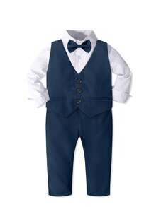 4 件套年轻男孩春季新款正装,白衬衫,纯色背心,领结,裤子,修身款,适合派对、婚礼、学校、男孩正装 - 藏蓝色 - 查看 3