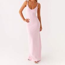 Women's Twisted Straps Bodycon Long Maxi Dress Summer Sleeveless Spaghetti Straps Slim Fit Deep V-Neck Backless Cami Dress Party Clubwear Holiday Beachwear Solid Color Tank Dress Sundress - 粉色 - 查看 7