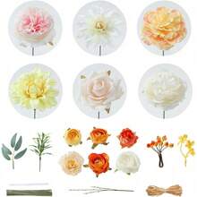 Artificial Flowers Combo, Champagne Silk Roses, Peonies, Dahlias With Stems For DIY Wedding Bouquets, Baby Shower, Table Centerpieces, Home Decor, Fake Floral Arrangements, Party Decorations - Orange&white - 查看 6