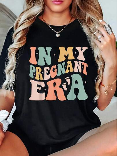 Women's 180g Black Cotton Crew Neck Short Sleeve Graphic T-Shirt With "In My Pregnant Era" Colorful Print, Casual Pregnancy Announcement Tee, Soft Comfy Maternity Top For Expecting Moms, Stylish Cute Baby Shower Gift Idea