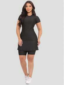 Women's Fitness Set Evangelical Fashion With Pocket Workout Clothes Dress+Shorts - màu đen - Xem 1
