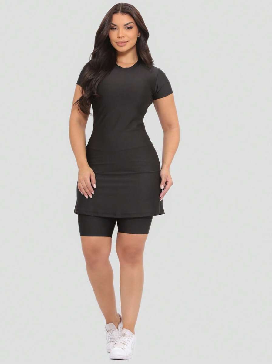 Women's Fitness Set Evangelical Fashion With Pocket Workout Clothes Dress+Shorts - màu đen - Xem 1