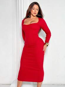 Ribbed Midi Dress With Long Sleeves And Neckline - 紅色 - 查看 4