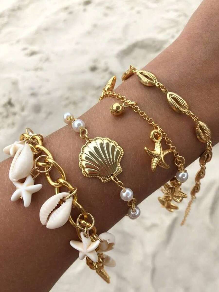 Bộ 4 chiếc/Bộ trang trí vòng tay nhiều lớp họa tiết vỏ sò, sao biển và ngọc trai giả Bohemian, phù hợp cho trang phục đi biển của phụ nữ, phụ kiện mùa hè - Vàng - Xem 1