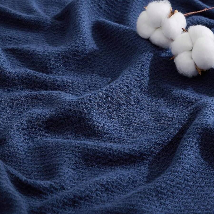 % Cotton Twin XL Size Bed Blanket - Breathable, Lightweight, Soft Cozy Herringbone Woven Summer Blanket College Dorm, White, 66x90 Inches - 05 - 海軍藍 - 查看 1