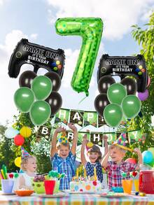 14 件电子游戏控制器主题生日派对套装，包含像素绿色数字铝箔气球、绿色生日快乐横幅、黑色和绿色乳胶气球，适用于游戏主题生日派对、电子竞技活动装饰、拍照道具、庆祝活动 - 彩色 - 查看 5