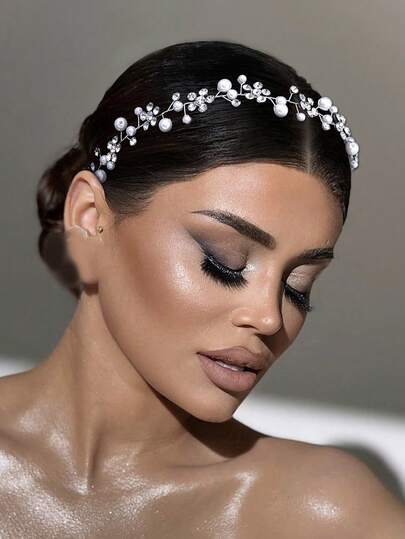 1 pieza Diadema decorada con perlas falsas de plata y rhinestones, accesorio elegante para el cabello de novia y boda, versátil para uso diario, festivales, fiestas, fotografía, accesorios del Día de San Valentín