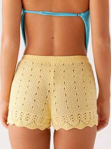 Women Knit Shorts, Elastic Waist Hollowed Solid Slim Fit Summer Shorts Casual Shorts - Màu vàng - Xem 8