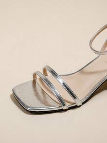 Women's Silver High Heel Sandals, Cross Straps Open Toe Lace-Up Chunky Heels, Summer Shoes - Silver - View 7