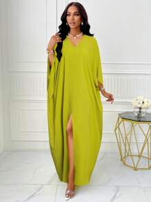 Women's Fashion V Neck Batwing Sleeve Split Thigh Dress