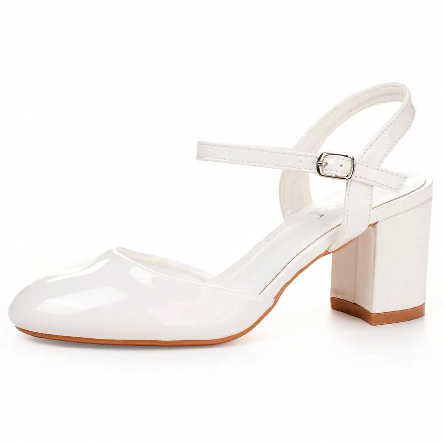 Glossy Block Heel Mary Jane Pumps For Women – Round Toe Adjustable Strap High Heels For Office & Formal Wear - White - View 1
