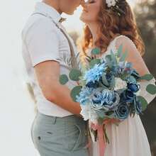 Artificial Flowers Combo, Champagne Silk Roses, Peonies, Dahlias With Stems For DIY Wedding Bouquets, Baby Shower, Table Centerpieces, Home Decor, Fake Floral Arrangements, Party Decorations - 藍色 - 查看 4