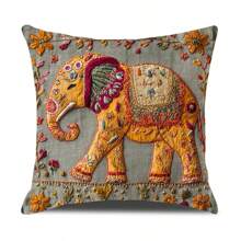 Vintage Elephant & Dog Print Pillowcase, Boho Style Cushion Cover For Home, Living Room, Sofa Decor
