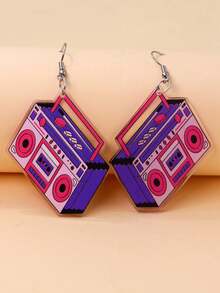 1 Pair Vintage Acrylic Magenta Radio & Cassette Tape Minimalist Design Earrings For Women