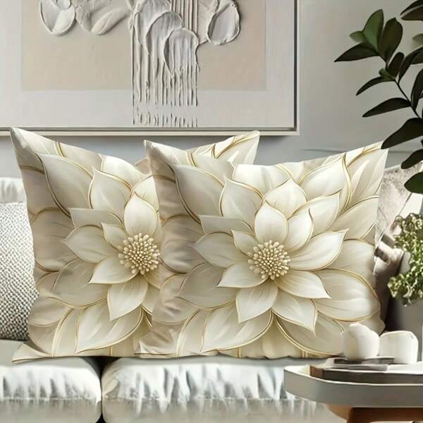 1PC Elegant Ivory And Golden Floral 2D Decorative Throw Pillow Covers - Printed On One Side, Zipper Closure, Machine Washable, 100% Polyester, Zipper Closure, Suitable For Bed Sofa Office Decoration, Etc., Great As A Holiday Gift - Printed On One Side (No Filling)