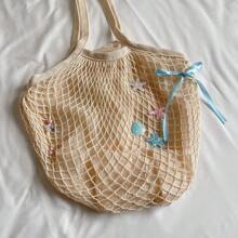 Large Capacity Bow & Ocean Element Decor Mesh Woven Tote Bag For Women, New Hollow Out Weaved Shoulder Handbag For Beach, Summer Vacation