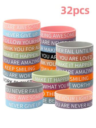 32pcs Motivational Quotes Silicone Bracelets, Colorful Motivational Rubber Wristbands, Motivational Quotes Bracelets, Unisex Adult Accessories, Durable And Waterproof, For Adult, Women, Men, Teenagers, Teachers, Home, Office, Party Events Gifts Gifts