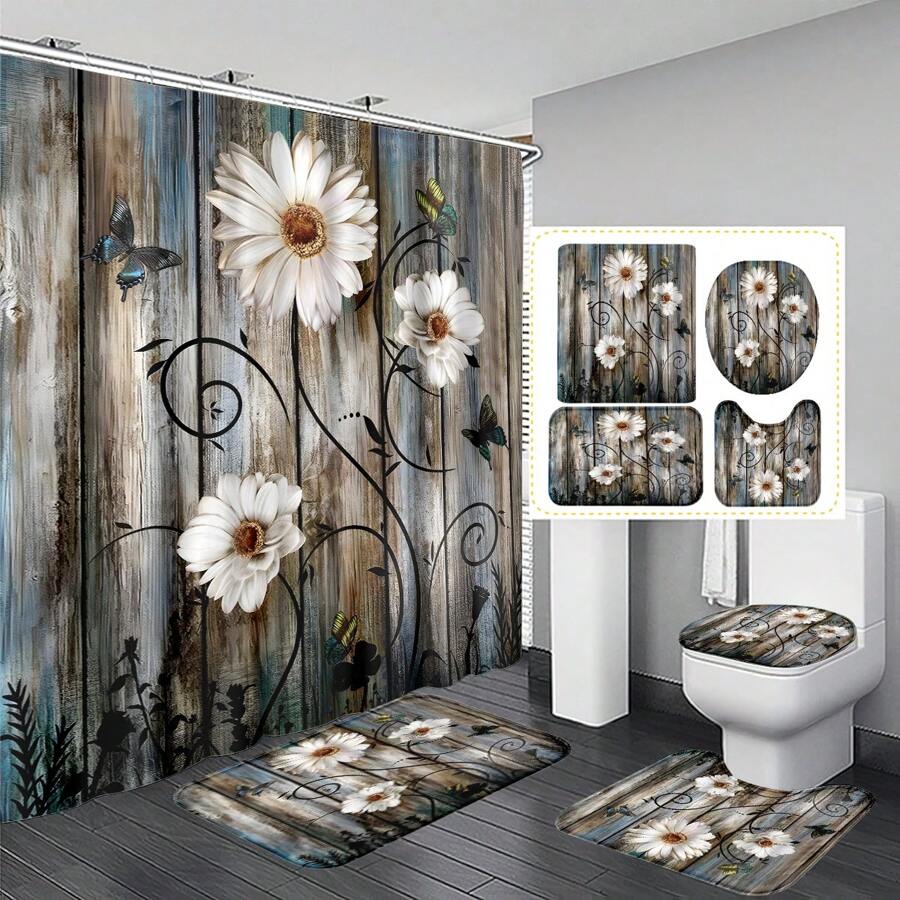 1 Stück/4 Stück Holzdekor Gänseblümchen Badezimmer Set - Wasserfester Duschvorhang mit 12 Haken, rutschfeste Badematte, U-förmige Toilettenmatte, vielseitiges Badezimmer Accessoire Set