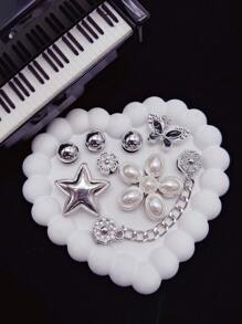 8pcs Silver Casual Fashion Shoe Charms (Pearl Flower, Big Star, Butterfly, Rhinestone Flower), Silver Chain DIY Decorative Accessories, Suitable For Women's Sandals, Slippers, Perforated Shoes, Sandals And Beach Bags - Perfect Gift For Holidays And Special Occasions