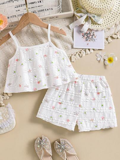 2pcs Girls Toddler Casual Vacation Outfit Cute Floral Pattern Ruffle Trim Camisole Top And Shorts Set, Suitable For Summer Clothing, Sweet And Comfortable For Outdoor