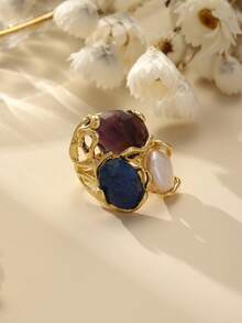 Cring Coco Adjustable Stainless Steel Women's Ring With Large Crystal & Pearl Design - Luxury Vintage Boho Style For High-End Party - Geometry - View 4