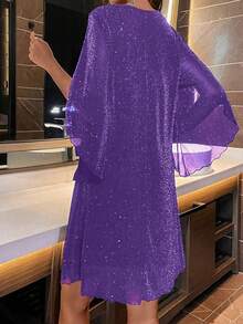 女式时尚派对闪光V领喇叭袖连衣裙 - 紫色 - 查看 8