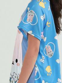 3 Pzs Conjunto de Pijama de Niña, Pijamas Verano para Niña con Estampado de Dibujos Animados,Camiseta de Manga Corta en Bloques de Color, Pantalones Informales y Shorts - Celeste - Ver 9