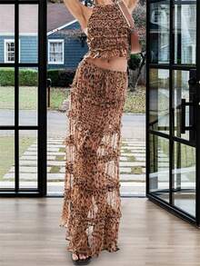 Women's Summer Leopard Outfits Halter Neck Ruffled Tank Tops + Long Skirt Set Party Clothes - Multicolor - View 2