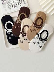 5 Pairs Women's Stripe & Letter Printed French Style Luxury Casual Boat Socks