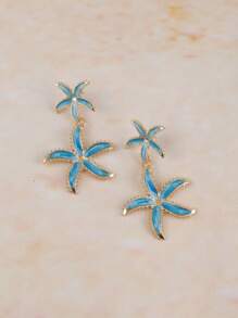 Fashionable Exaggerated Personalized Resort Style Starfish & Five-Petal Flower Women Earrings, Turquoise Five-Pointed Star Earrings Suitable For Resort Wear