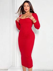 Ribbed Midi Dress With Long Sleeves And Neckline - 紅色 - 查看 1