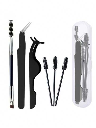 6-Piece Black Eyelash Tool Set: Eyelash Tweezers, Eyelash Brush, Pointed Curved Tweezers With Storage Box, False Eyelash Applicator And Eyelash Brush, For Extending And Shaping Eyelashes. Eyelash Tool Holder, Eyelash Tool Set, Eyelash Extension, Spiral Eyebrow Brush, Double-Head Makeup Brush, Eye Brush, Eyebrow Brush, Slanted Eyebrow Brush, Eyelash Brush, Eyebrow Brush, Pointed Black Eyebrow Clip, Eyelash Holder