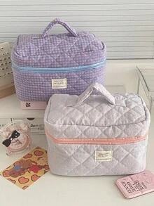 1Pc/Set Colorblock Gingham Print Quilted Travel Makeup Bag Makeup Bags Clutch With Zipper Closure For Cosmetics,Skin Care,Brush,Lipstick,Hand Cream,Mobile Phone,Jewelry,Coin,Small Items Multi-Functional Storage Bag Wallet Makeup Bag Set Makeup Bag Cosmetic Bag Makeup Case Toiletry Bag Skincare Bag Gift For Friends Valentine's Gift Bridesmaid Gifts Teacher Gifts Mom Gifts Back To School Gift Travel Essentials Cruise Essentials Dorm Essentials - Purple - View 7