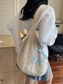 Large Capacity Bow & Ocean Element Decor Mesh Woven Tote Bag For Women, New Hollow Out Weaved Shoulder Handbag For Beach, Summer Vacation