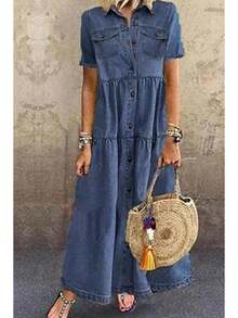 Women's Plus Size Denim Dress Short Sleeve Turn Down Collar Button Front Loose Swing Jean Dress - Màu xanh lam - Xem 1