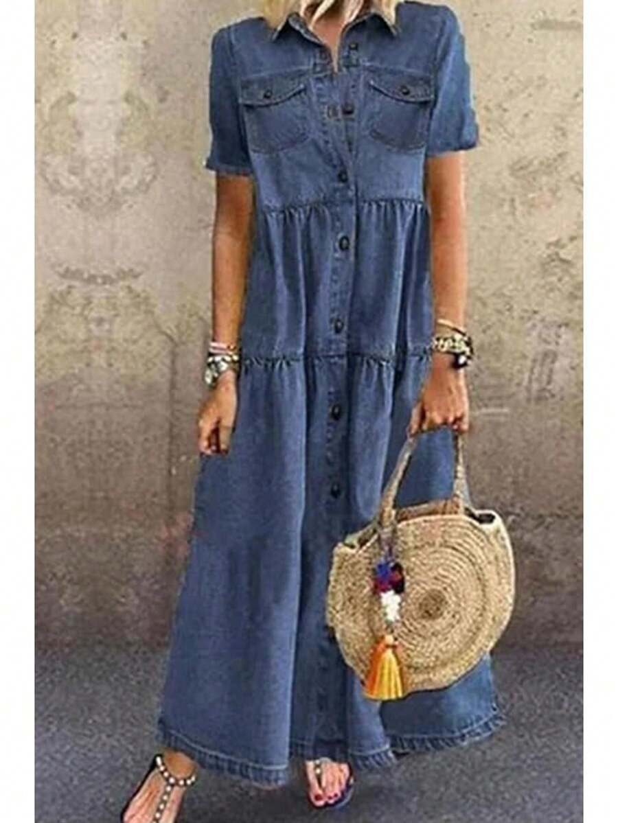 Women's Plus Size Denim Dress Short Sleeve Turn Down Collar Button Front Loose Swing Jean Dress - Màu xanh lam - Xem 1